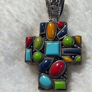 Mosaic Cross Pendant Sterling Silver With Multi-Stone Inlay